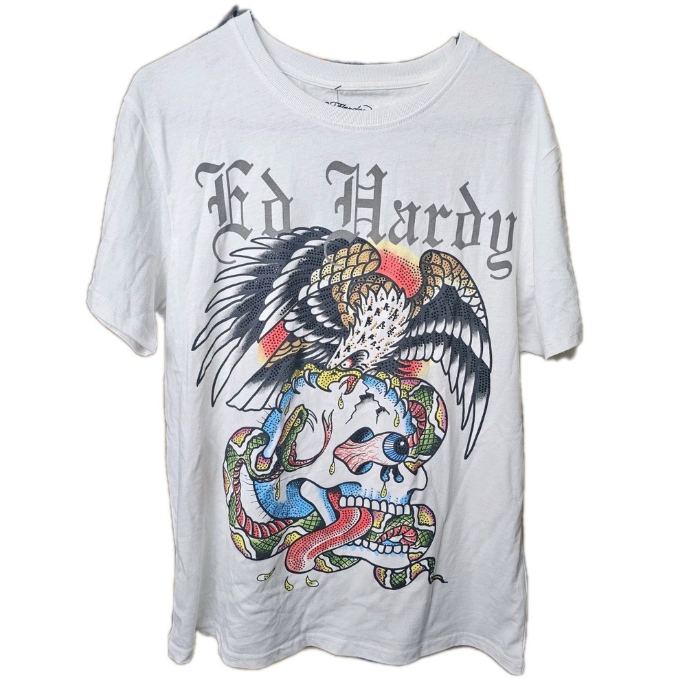 ED HARDY Rhinestone Eagle Skull Graphic T-Shirt White ‎ Men's Sz  M